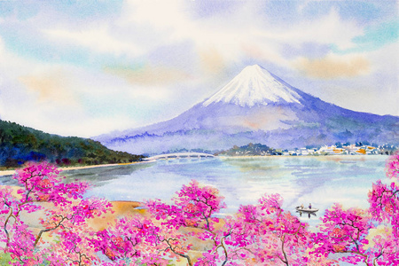 富士山和樱花樱花在湖边