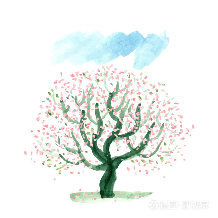 水彩画春天开花的树