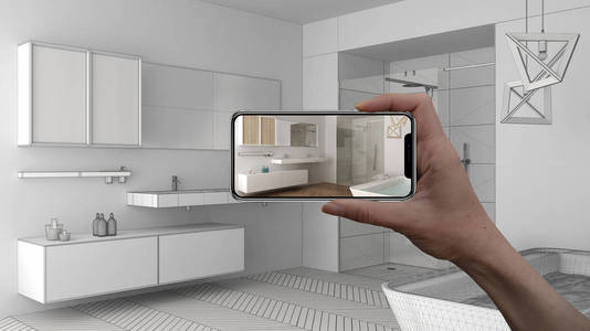 手持智能手机, Ar 应用, 模拟家具和室内设计产品的真实家居, 建筑师设计理念, 素描项目背景, 现代卫浴