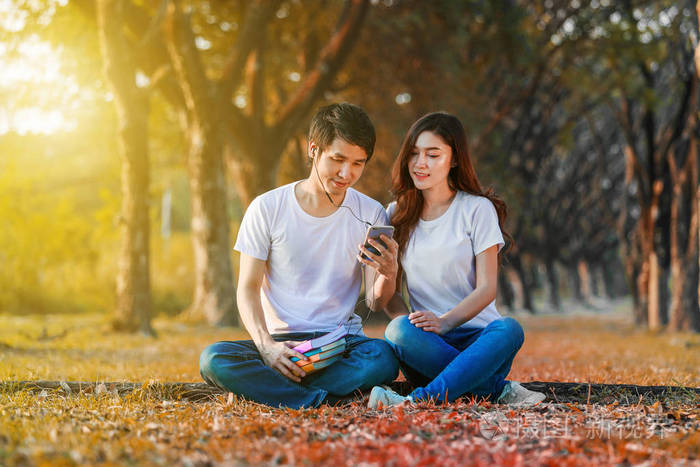 在公园里的情侣听音乐从手机与耳机