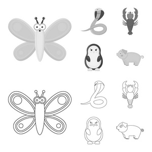 一个不切实际的轮廓, 单色动物图标在集合中进行设计。玩具动物矢量符号股票 web 插图