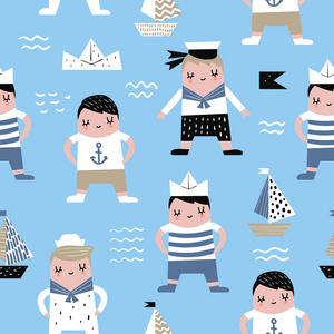 孩子气的无缝模式与水手男孩。儿童海洋背景用小船为织品, 印刷品, 包装, 墙纸。矢量插图