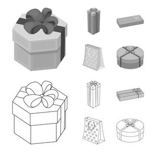 礼品盒带弓, 礼品袋。礼品和证书集合图标在大纲中, 单色样式矢量符号股票插画网站