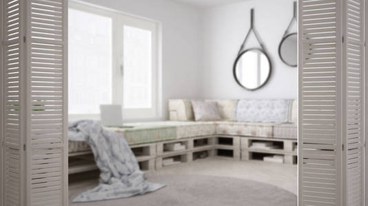 白色折叠门打开现代斯堪的纳维亚生活与 diy 托盘沙发, 白色室内设计, 建筑师设计理念, 模糊背景