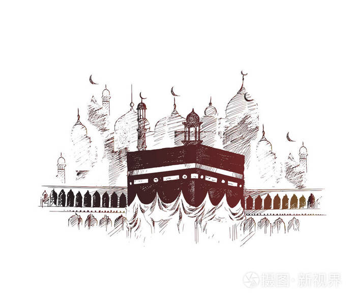 圣克尔白在麦加沙特阿拉伯, 手绘素描矢量 illus插画-正版商用图片0o