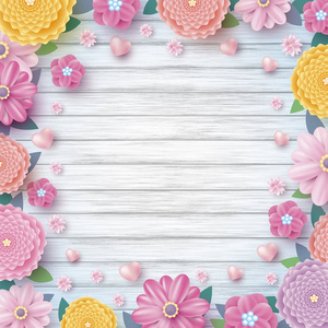 彩色花和心的春天设计在木纹理背景与拷贝空间向量例证