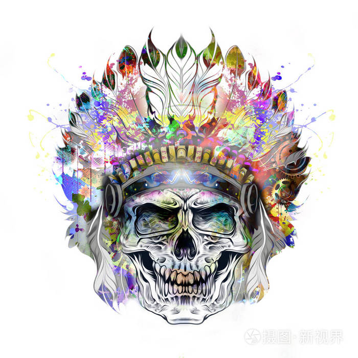 彩色头骨被隔离在白色背景上