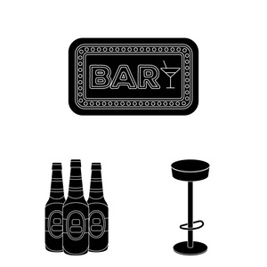 酒吧, 室内和设备黑色图标集合中的设计。酒精和食物矢量符号股票网页插图