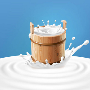 矢量图的一个木桶里与牛奶站在中心的乳品飞溅