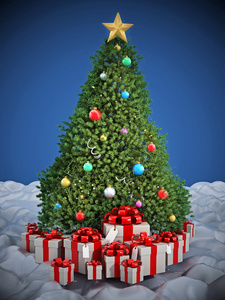 圣诞树和彩盒上雪