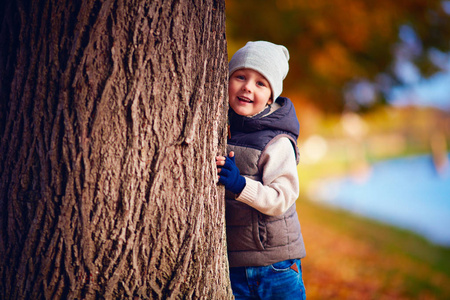 快乐的小男孩，在秋天公园玩乐