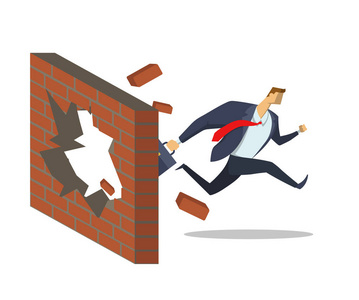 当他跑到他的目标时, 穿着西装的商人冲破砖墙.实现目标.