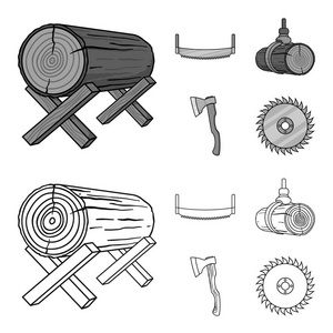 登录支持, 双手锯, 斧头, 提高日志。锯木厂和木材集合图标的轮廓, 单色风格矢量符号股票插画网站