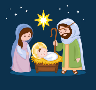 卡通耶诞布景与神圣家族