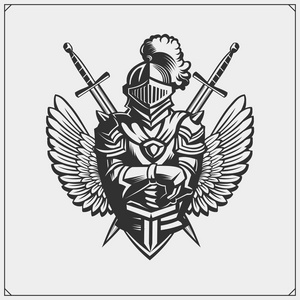 中世纪战士骑士在头盔徽章.矢量插图照片