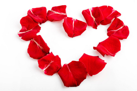 红色的玫瑰花瓣洒在白色心形图片
