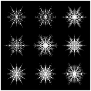 圣诞雪花 霜片状剪影图标 符号 设计。孤立在黑色背景上的冬天，水晶矢量图