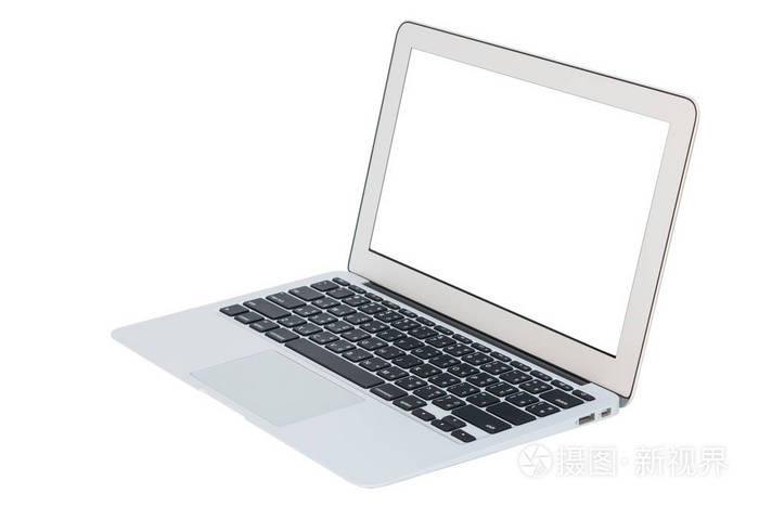 白色笔记本电脑特写白色背景的侧面视图