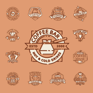 咖啡的徽章食物细线刻字为餐厅，咖啡厅菜单咖啡的房子和商店贴纸矢量