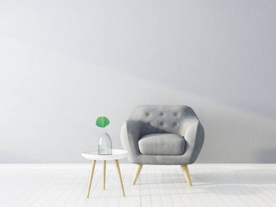 现代客厅与扶手椅。斯堪的纳维亚室内设计家具。3d 渲染插图