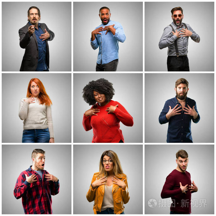 小组混合的人, 妇女和人高兴和惊奇欢呼表达哇手势