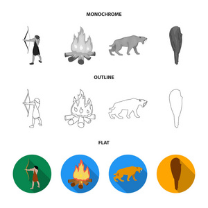 伙计, 猎人, 洋葱, 篝火。石器时代集图标在平面, 轮廓, 单色风格矢量符号股票插画网站