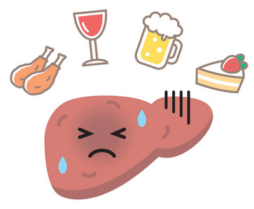 可爱的肝脏卡通人物在白色背景下隔离照片