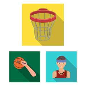 篮球和属性平面图标集合中的设计。篮球运动员和设备矢量符号股票网站插图