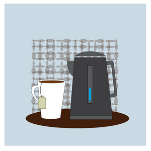 咖啡时间。Illusration 杯咖啡和茶壶。矢量海报概念