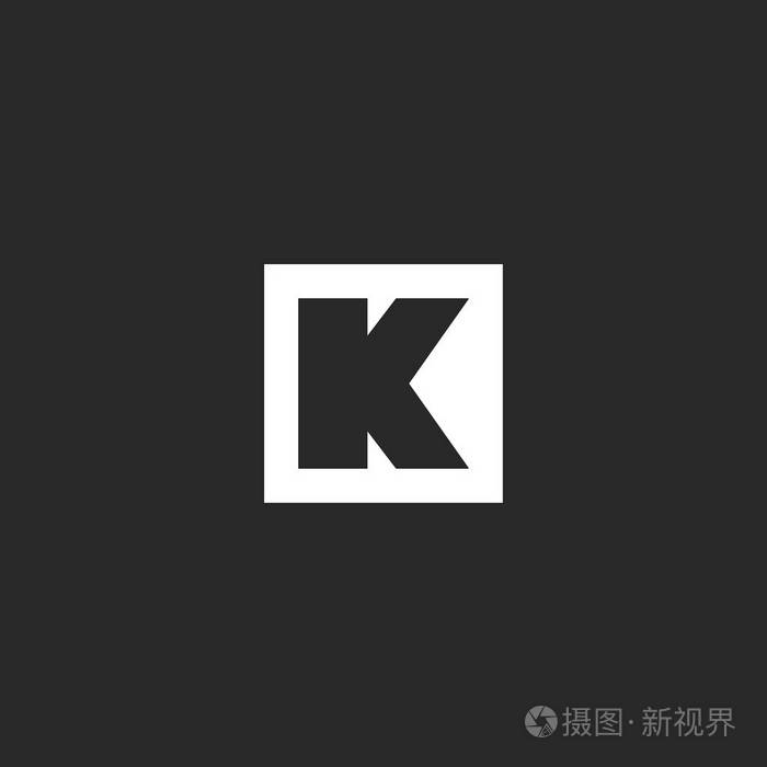 字母k 徽标方框几何形状, 简单线性初始标志, 黑白排版设计元素模板