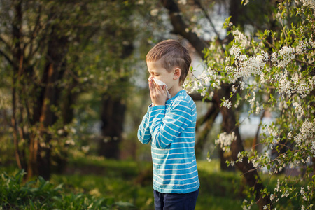 过敏的孩子。男孩坐在户外与组织在公园附近盛开的花朵