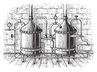 老式的蒸馏装置素描。私矢量图
