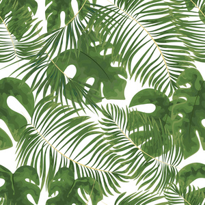 白色 backgr 上亮绿色热带叶的无缝图案