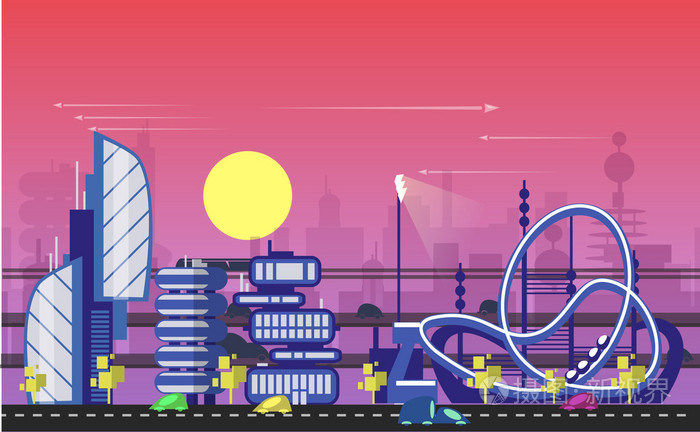 与现代建筑, 道路, 未来交通繁忙的城市市容模板