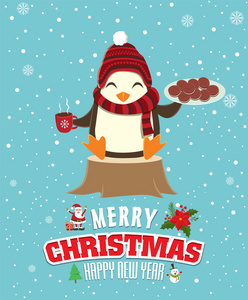 老式的圣诞节海报设计与企鹅