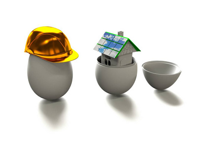 房子在蛋和蛋在施工头盔 3d 渲染