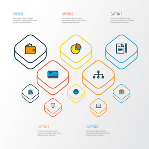 商业图标彩色线设置与现金, 袋子, 合同和其他广告牌的表现元素。独立矢量插图业务图标