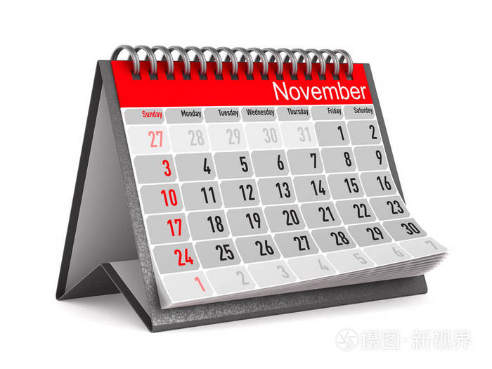 11月的日历。隔离的3d 插图