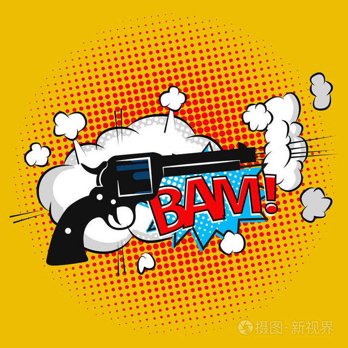 漫画泡沫言论牛仔射击的打印文本的声音效果