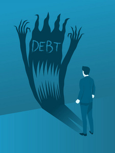 商人面对债务的罪恶, 勇于处理债务危机的观念。平面矢量