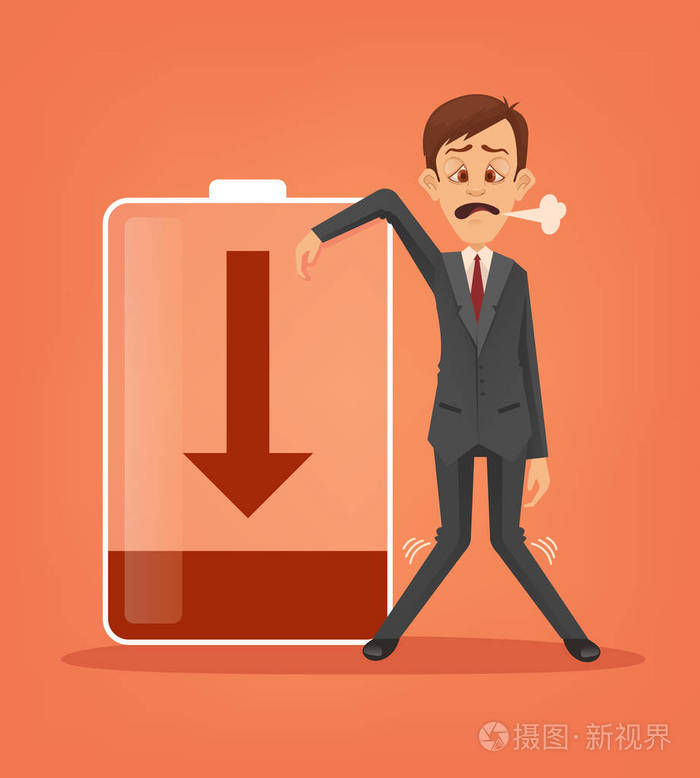 艰苦的工作.电池电量不足.矢量平面卡通插画