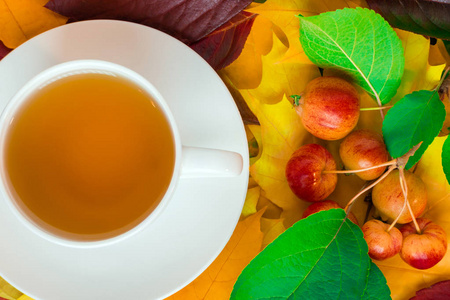 在秋叶和小野苹果的背景下, 在银盘上一杯美妙的香茶