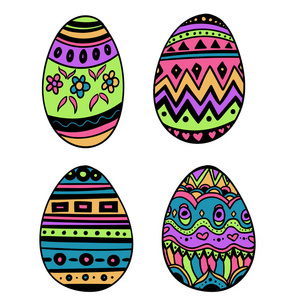 复活节快乐. 在白色背景上设置不同质地的观赏蛋。假期。矢量插图
