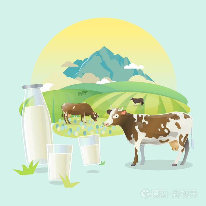 高山草甸,高山景观背景上放牧牛插画-正版商用图片0o72b4-摄图新视界
