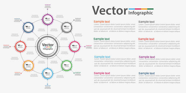 图表设计模板与圆圈。经营理念有8种选择。对于内容图表流程图步骤部件时间线图表工作流布局图表插图。矢量 eps 1