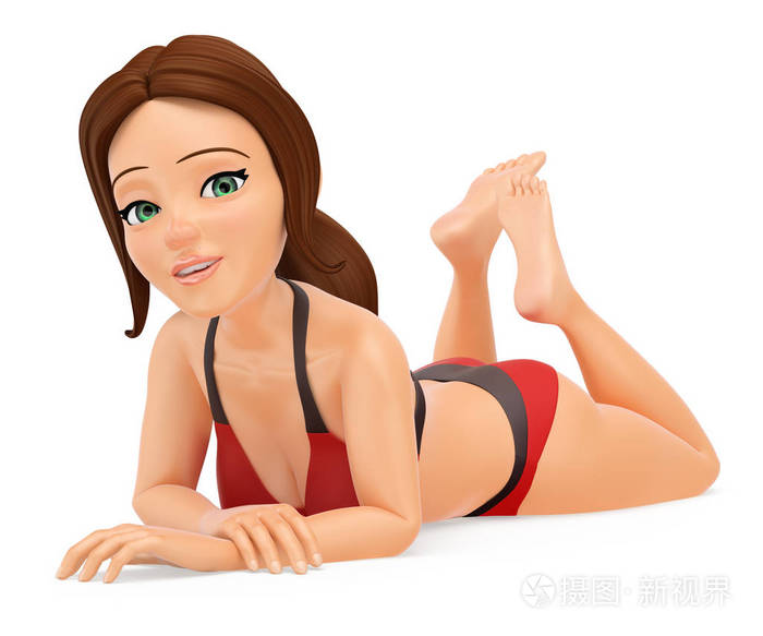 3d穿着比基尼的女人躺在地板上性感的位置