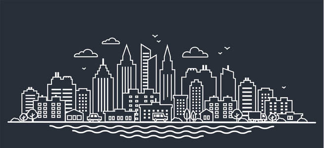 细线夜景城市景观.市中心的景观与高摩天大楼在黑暗中.