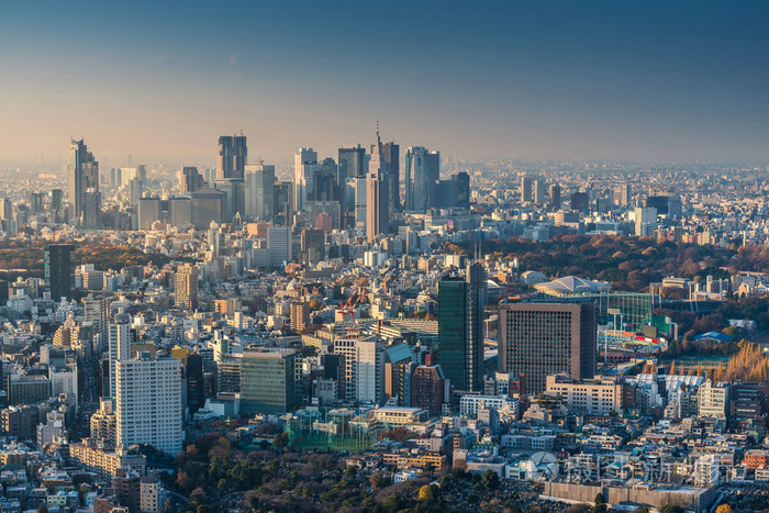 在日落时,日本东京城市景观的城市天际线