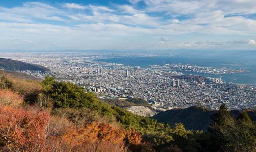 在关西地区从山玛雅人的几个日本城市的视图