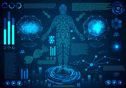 抽象技术 ui 未来概念界面全息图元素的数字数据图通信计算人体数字保健高科技背景下的健康未来设计